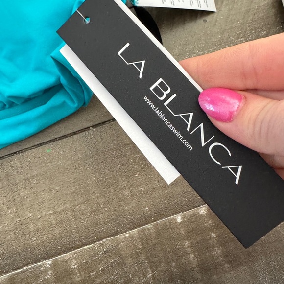 LA BLANCA Island Goddess Over Shoulder Halter Triangle Top Turquoise 14 NEW - Picture 4 of 7